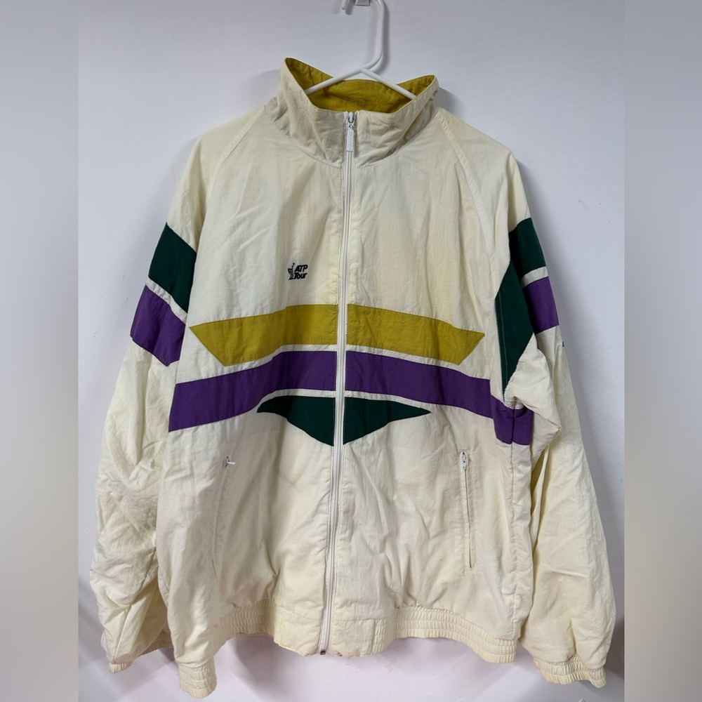 Vintage Men’s Adidas ATP TOUR Windbreaker Jacket Y2K Nylon Full Zip Cream Sz L